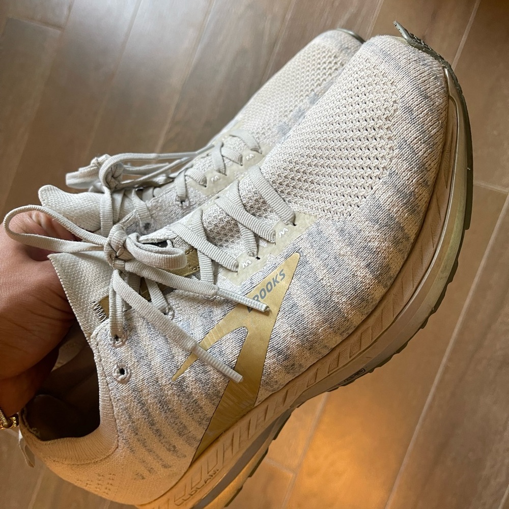 Brooks Cream and Gold Athletic Shoes with Breathable Knit Upper